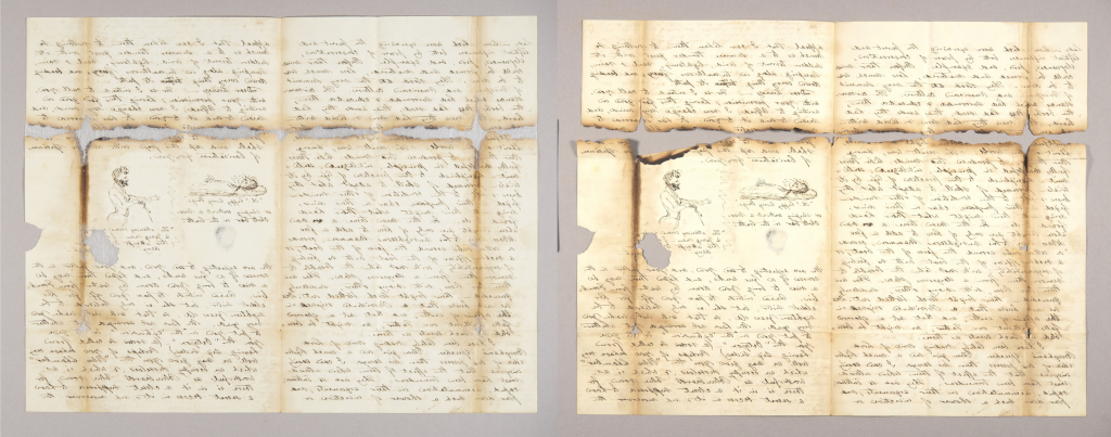 Left: A “before” image of a fire-damaged manuscript document before it has been repaired. The document is handwritten with two sketches of a man standing and laying down. There are charred edges, and the document is torn into two pieces horizontally across the upper half, and there are holes in the document.